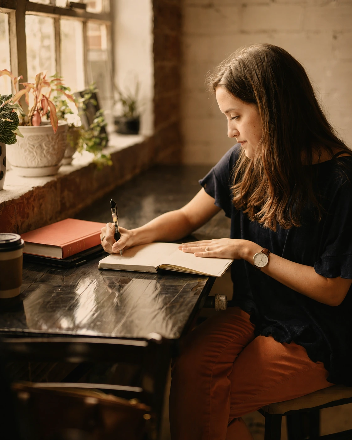 Mujer escribiendo en una libreta junto a una ventana